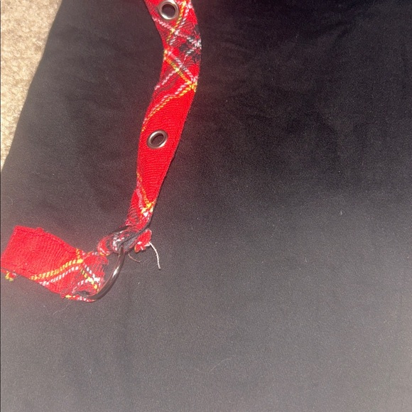 Black straight legged pants red contrast stitching plaid tartan suspenders punk - Picture 2 of 5